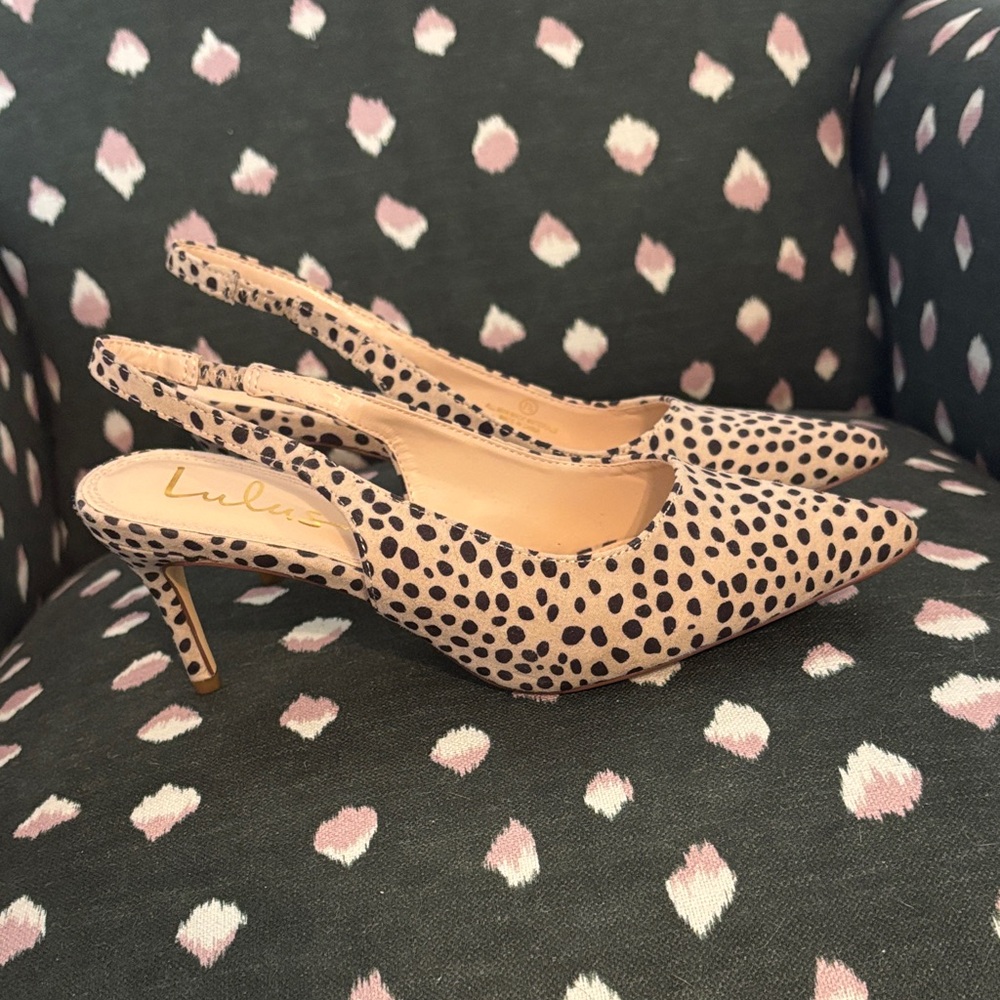 Lulu's Black and beige Polka Dot Slingback Heels